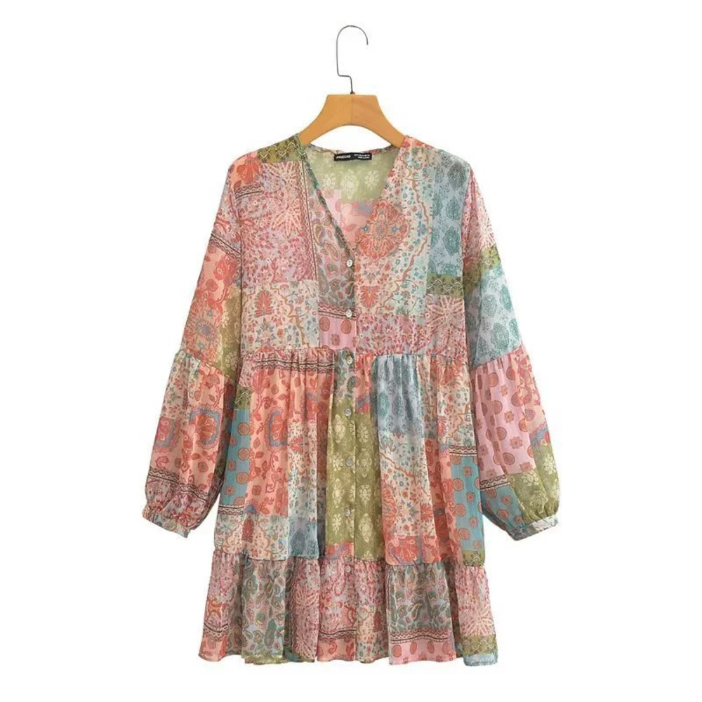 ZARA Long Sleeve Loose Fit Printed Patchwork Dress